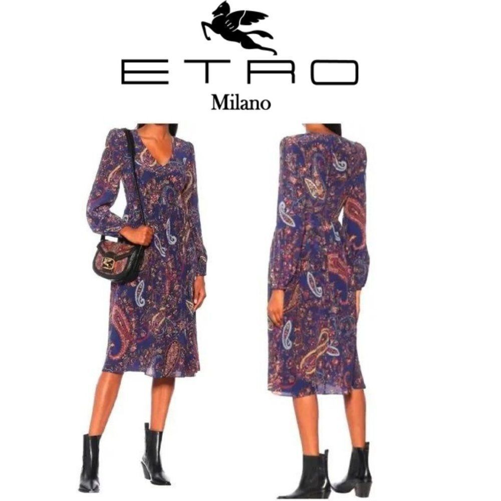 Etro Women's Blue Paisley 100% Silk Crêpe De Chine Midi Dress Sz 48 US 12